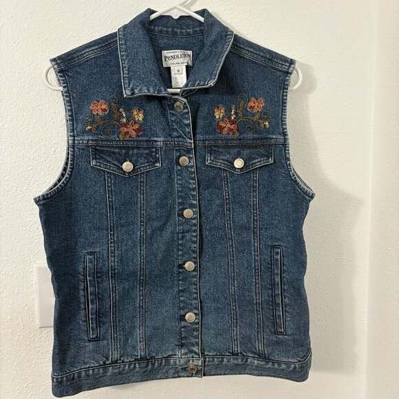 Pendleton Denim Vest Beaded Floral Design Medium Wash Vtg Size M Front Pockets - Picture 1 of 6